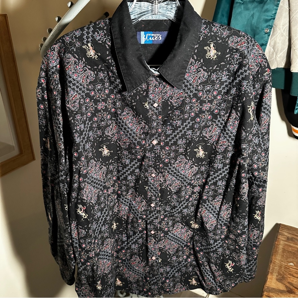 Wrangler Blues Western Rodeo Diamond Shaped Pearl  Snap Shirt Womens L/XL